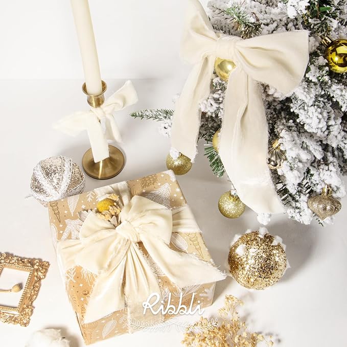 Ribbli Ivory Velvet Ribbon 2 Inch Handmade Frayed Vintage Christmas Ribbon for Gift Wrapping Christmas Tree Ornament Wreath Craft Home Decor -3 Yards