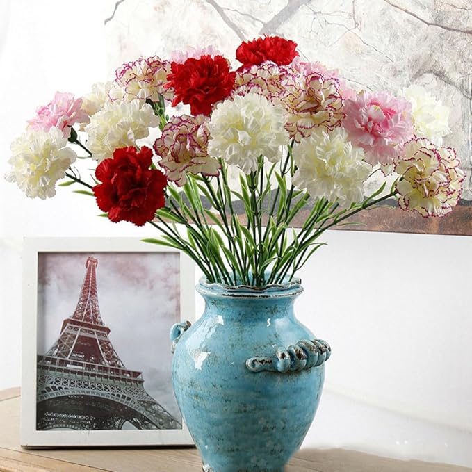 Carnations Artificial Flowers Bulk 15PCS Carnations Flowers Silk Flowers 21.25in Fake Flowers for Wedding Home Table Centerpieces Floral Arrangements(Purple Edge)