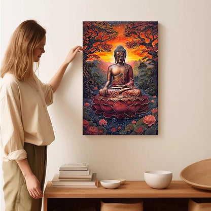 Golden Buddha on lotus seat serene meditation statue amidst lush trees flowing water and sunrise light spiritual home art for a tranquil decor 16x24in Wood Framed