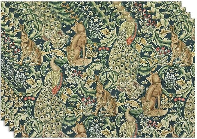 William Morris Floral Animal Placemats Set of 4, Vintage Botanical Plant Birds Rabbit Place Mats, Heat Resistant Non Slip Cotton Linen Dining Table Mats for Home Kitchen Party 18x12 Inch