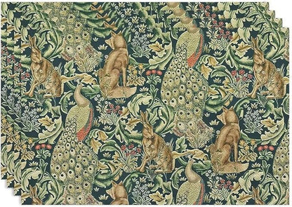 William Morris Floral Animal Placemats Set of 4, Vintage Botanical Plant Birds Rabbit Place Mats, Heat Resistant Non Slip Cotton Linen Dining Table Mats for Home Kitchen Party 18x12 Inch