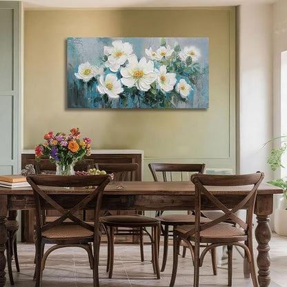 Ardemy White Floral Canvas Wall Art Large Teal Textured Pictures Wall Decor Turquoise Paintings Artwork for Living Room Bedroom Home Office, 40"x20"