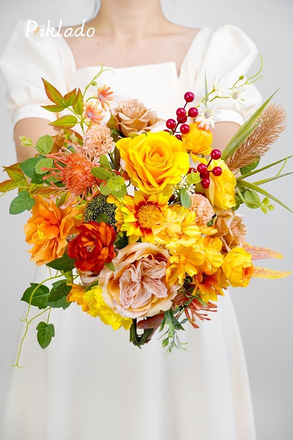 Artificial Flower Combination Box Set Artificial Flower Loose Leaves and Stems DIY Wedding Center Bouquet Bride Wedding Baby Shower(Orange Yellow)