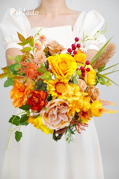 Artificial Flower Combination Box Set Artificial Flower Loose Leaves and Stems DIY Wedding Center Bouquet Bride Wedding Baby Shower(Orange Yellow)
