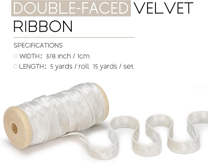 Ivory White Velvet Ribbon Double-Sided Handmade Glossy Fabric Trim Wooden Spool Thin Ribbons for Christmas Tree Gift Wrapping Crafts Wedding Flower Bouquet 3/8 inch x 5YD 3 Rolls