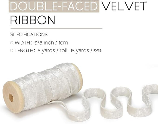 Ivory White Velvet Ribbon Double-Sided Handmade Glossy Fabric Trim Wooden Spool Thin Ribbons for Christmas Tree Gift Wrapping Crafts Wedding Flower Bouquet 3/8 inch x 5YD 3 Rolls