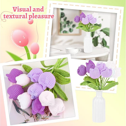 TLY 10 Pcs Crochet Tulips Flowers Artificial Flowers Bouquet Finished Handmade Knitted Tulip Bouquets with Leaf and Long Stem for Home Centerpieces Decor Valentine's Day Wedding Anniversary