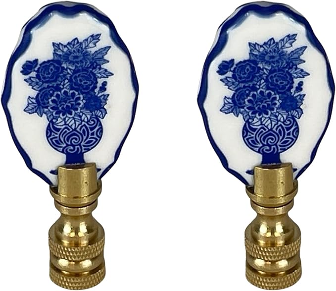 Royal Designs, Inc. Porcelain Oval Flowers Vase Design Finial for Lamp Shade, Polished Brass, Blue & White, Pack of 2