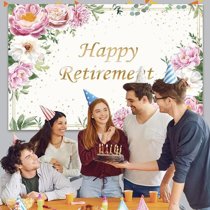 Happy Retirement Backdrop for Women Pink Rose Gold Dots Retirement Party Banner White Floral Greenery Leaves Decoration Lady's Retirement Party Decor Congrats Retire Photo Booth Props(8x6ft)