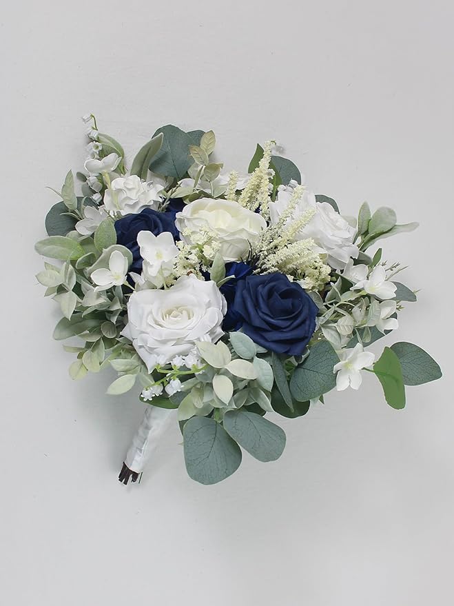 Rinlong 11.8" Wide Navy Blue Wedding Bouquets for Bride Blue White Bridal Bouquet for Wedding Artificial Flowers Bouquets
