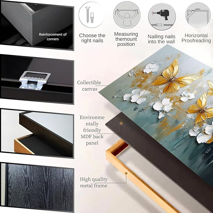 Butterfly Canvas Wall Art, Butterfly and Flower Wall Decor, Butterfly Prints, Abstract Textured Canvas Wall Art, Artwork for Walls, Oil Painting Wall Art, Wall Decor Living Room (Black Frame, *62"x31"|160x80cm)