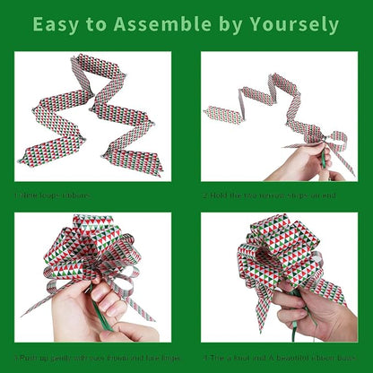 24PCS Christmas Bows for Gift Wrapping, 5” Xmas Pull Bows with Ribbon Wrap Accessory for Present, Florist, Bouquet, Hamper, Basket Decor, Easy to Assemble
