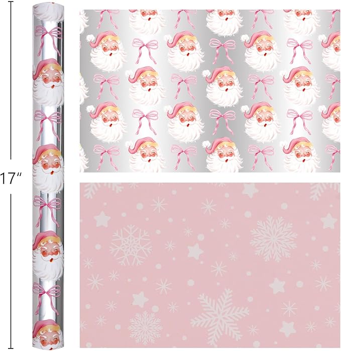 MAYPLUSS Christmas Wrapping Paper Roll - 17 Inch X 33 Feet - Pink Cute Bow Santa Claus Reversible Snowflake Gift Wrapping Paper, Thick Wrap Paper for Holiday Party New Year Kids