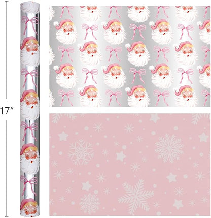 MAYPLUSS Christmas Wrapping Paper Roll - 17 Inch X 33 Feet - Pink Cute Bow Santa Claus Reversible Snowflake Gift Wrapping Paper, Thick Wrap Paper for Holiday Party New Year Kids