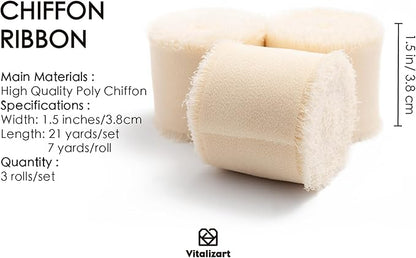 Vitalizart Light Nude Handmade Chiffon Silk Ribbon Fringe 3 Rolls 1.5" x 21 Yd Beige Frayed Edges Ribbons for Wedding Invitations Bridal Bouquets Gifts Wrapping Crafts Holiday Decor