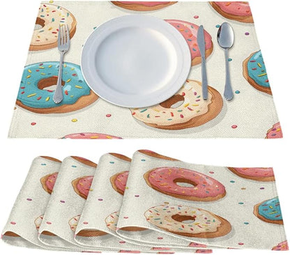 Donuts Placemats Set of 6, Washable Linen Place Mats, Food Donut Table Mats for Kitchen Dining Table Decor Heat Resistant Tablemats 12x18