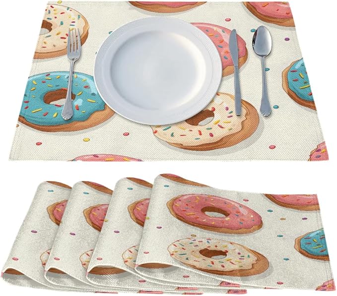 Donuts Placemats, Place Mats Set of 4, Heat Resistant Place Mats, Washable Table Mats for Dining Table, Non-Slip Stain Resistant Kitchen Table Placemats, Food Donut
