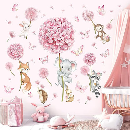 decalmile Animal Flower Pink Dandelion Wall Stickers Forest Animals Elephant Fox Monkey Wall Decals Baby Nursery Girls Bedroom Kids Room Wall Decor