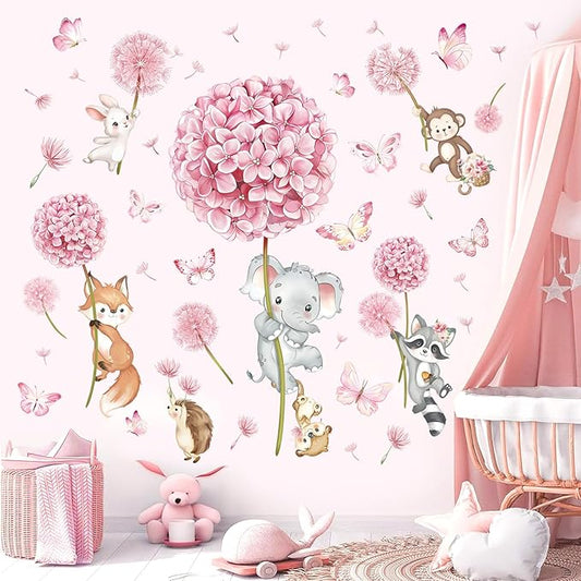 decalmile Animal Flower Pink Dandelion Wall Stickers Forest Animals Elephant Fox Monkey Wall Decals Baby Nursery Girls Bedroom Kids Room Wall Decor