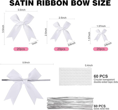 Oubest White Bows for Gift Wrapping, 60 PCS 1.57", 2.5" & 3.5" Satin Ribbon Gift Wrap Bows with Twist Tie for Christmas,Birthdays,Baby Shower,Weddings,Crafts,Holiday Presents,Party Decorations, White