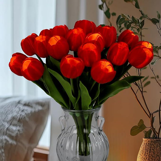 LED Lighted Artificial Tulip Lamp, Real Touch Tulip Flowers, 15 Inch Faux Tulip Bouquet with Battery Operated Lights for Gifts, Christmas,Holiday,Home Kitchedn Wedding Decor (Red)