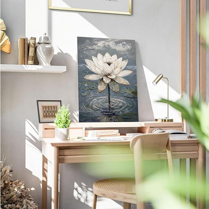 Stunning white lotus emerges from prismatic water with delicate petals background Serene aquatic wall art suitable for modern minimalist decor 20x30in Wood Framed