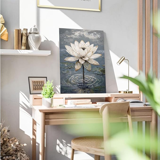 Stunning white lotus emerges from prismatic water with delicate petals background Serene aquatic wall art suitable for modern minimalist decor 8x12in Frameless
