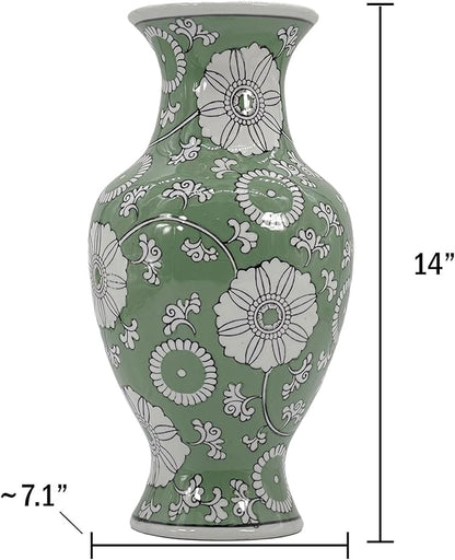 Galt International 14” Hand Painted Chinoiserie Ceramic Vase – Antique Style Porcelain Flower Bottle by Galt International, Fishtail Chinese Vase for Home Decor & Centerpiece - Green & White