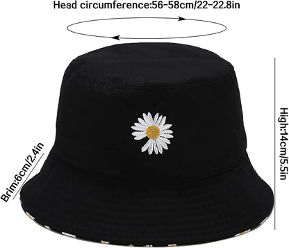 Flower Reversible Bucket Hat Cotton Summer Travel Beach Sun Hats Emboridery for Women Men