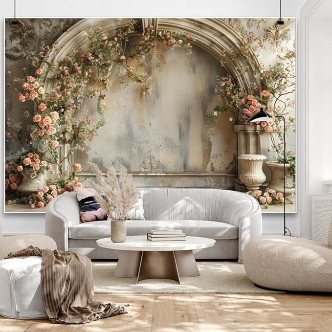 10x8ft Spring Flowers Wedding Backdrop Vintage European Palace Wall Pink Rose Floral Photography Banner for Womens Day Birthday Mothers Day Bridal Shower Valentines Day Girl Women Portrait