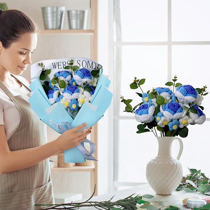 Foyucool Crochet Flowers Bouquet, Handmade Knitted Rosy Blue Bouquet with Gift Bag for Home Deocor, Crocheted Finished Flower for Wedding, Mother's Day, Teachers' Day and Valentine's Day, Blue White
