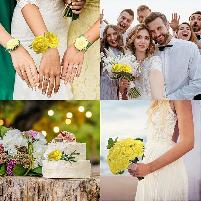 JOYLEX Artificial Flowers Realistic Roses, 50pcs Real Looking Fake Roses with Stem for DIY Wedding Bouquets Centerpieces Bridal Shower Party Home Romantic Decorations (Yellow)
