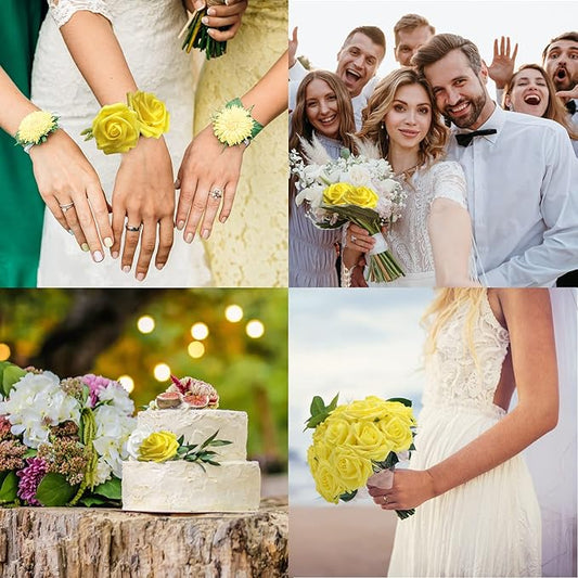 JOYLEX Artificial Flowers Realistic Roses, 50pcs Real Looking Fake Roses with Stem for DIY Wedding Bouquets Centerpieces Bridal Shower Party Home Romantic Decorations (Yellow)