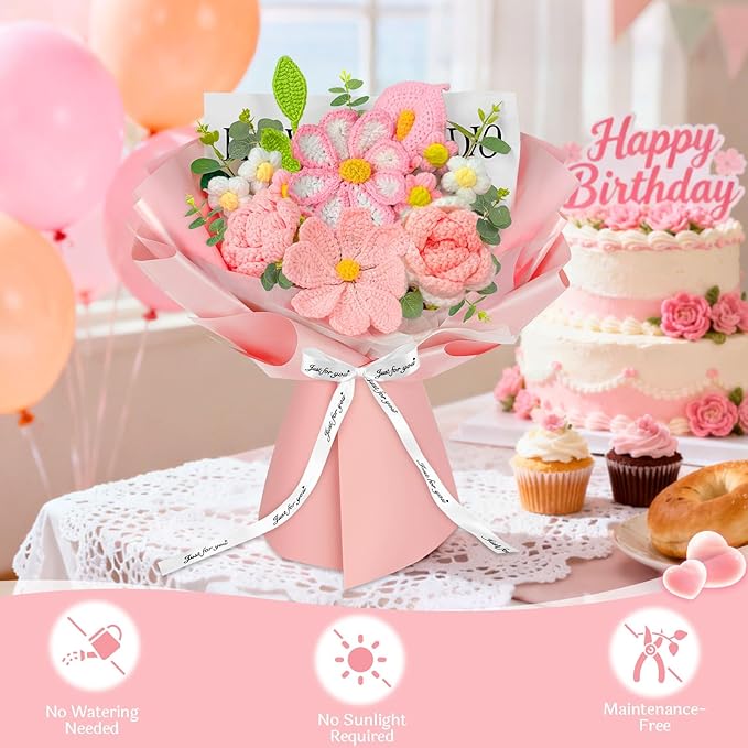 Crochet Flower Bouquet, Pink Knitted Flowers, Handmade Crochet Roses Calla Lily Gasang for Lover Anniversary Birthday Party Mother's Day Graduation Gifts (Pink)