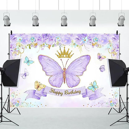 Renaiss 9x7ft Happy Birthday Backdrop Purple Butterfly Flowers Gold Crown Photography Background Daughter Girl Princess Birthday Party Decor Dessert Table Banner Portrait Selfie Group Photo Props