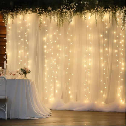 20×10ft Cream White Tulle Backdrop Curtain with Lights String for Parites, Sheer Curtain Backdrop Drapes for Wedding Party Home Decorations