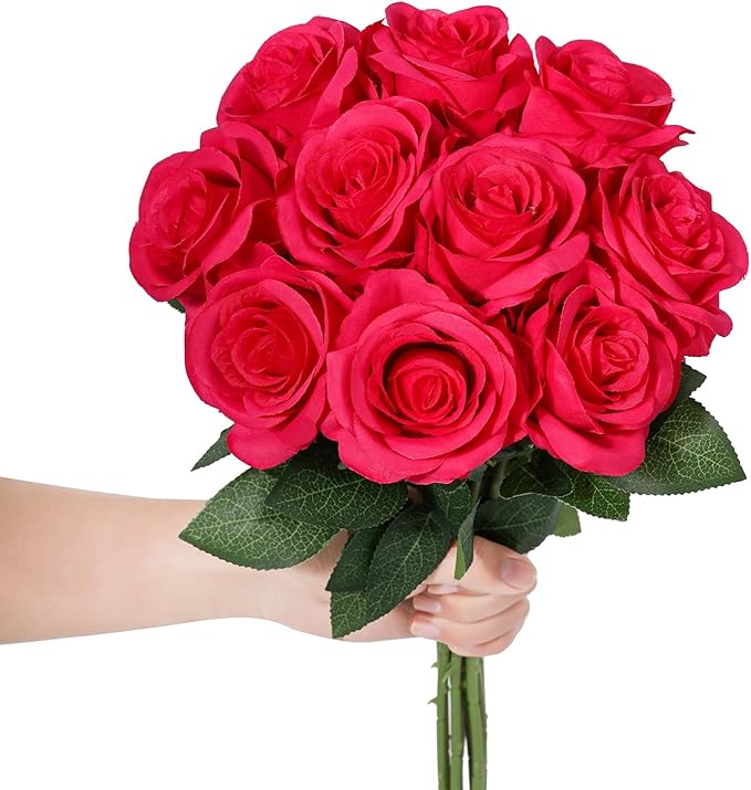 LFF 10pcs Silk Roses Artificial Flowers Fake Long Stem Roses for DIY Wedding Bouquet Home Decoration (Hotpink)