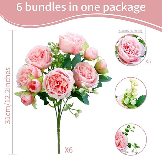 6 Pcs Peonies Artificial Flowers Bulk, Light Pink Silk Peonies Fake Bouquet for Floral Centerpieces, Realistic Faux Peony Flower for Flower Arrangements Wedding Decoration vase