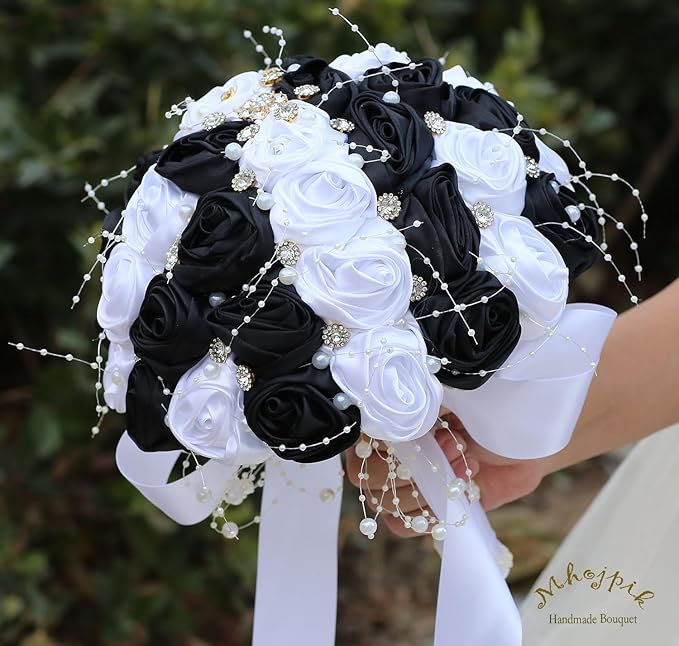 Bridal Wedding Bouquet Round Bling Brooch Bouquet Throw Toss Artificial Rose Flower Bunch for Bride Bridesmaid Wedding Quinceanera(White & Black, 9.8")