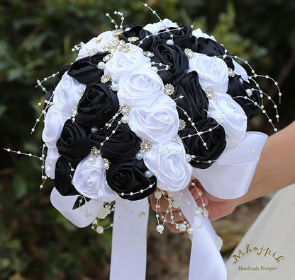 Bridal Wedding Bouquet Round Bling Brooch Bouquet Throw Toss Artificial Rose Flower Bunch for Bride Bridesmaid Wedding Quinceanera(White & Black, 9.8")