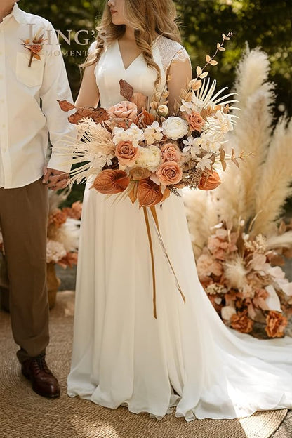 Ling's moment Boho Bridal Bouquet, Rustic Wedding Bouquets for Bride, 17 Inch Silk Free Form Fall Terracotta Artificial Wedding Flower Bouquet