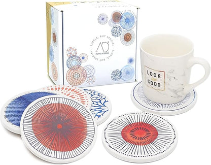 AD Set of 6 Coasters for Drinks Absorbing Round Ceramic Stone Coaster with Cork Base Tabletop Protection Mat for Mugs and Cups,Office,Kitchen (Colorful 2 with Holder)
