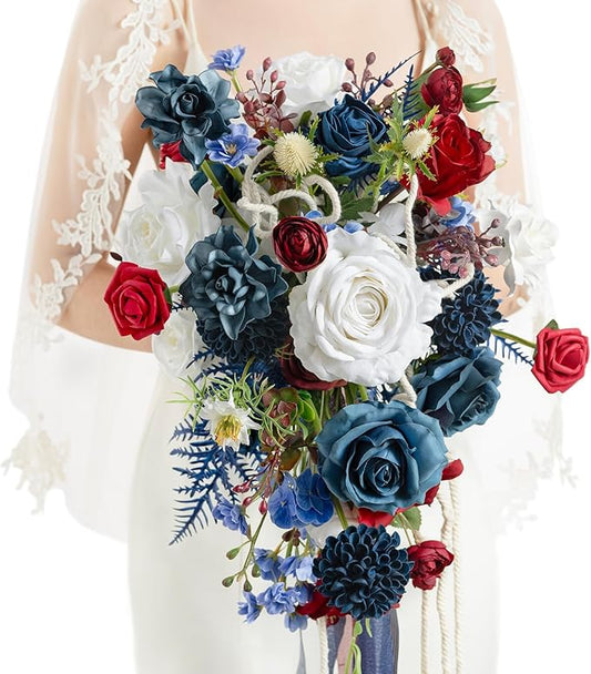 Ling's moment Navy Blue Red Bridal Bouquet for Bride, 13 Inch Wedding Bouquets for Bride, Wedding Artificial Flowers Bouquets