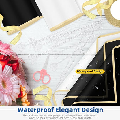 Glarks 52pcs Flower Wrapping Paper Set, Including 40 Sheets White and Black Waterproof Bouquet Wrapping Paper, 10pcs Floral Pick Card Holders, 1 Roll Ribbon and 1pcs Pink Scissors for Flower Shop