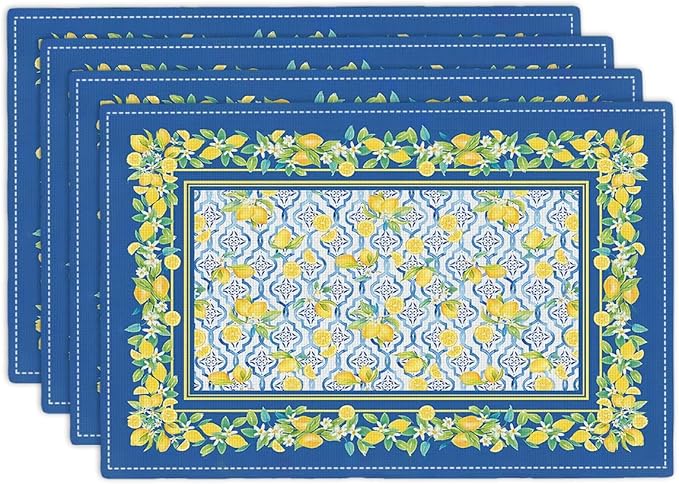 Lemon Placemats Set of 4, Farmhouse Blue Yellow Fruits Spring Summer Double-Sided Table Mats for Kitchen Dining Room Home Party Indoor Decor 4 PCS 12x18 Inch