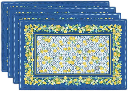 Lemon Placemats Set of 4, Farmhouse Blue Yellow Fruits Spring Summer Double-Sided Table Mats for Kitchen Dining Room Home Party Indoor Decor 4 PCS 12x18 Inch