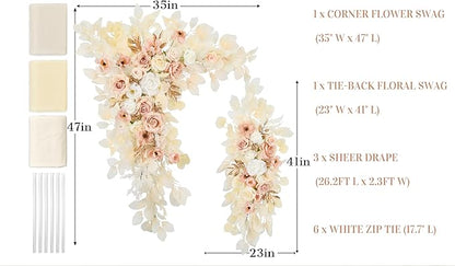 Ting's time Wedding Arch Flowers and Drape Kit (Set of 5) 2 Pcs Artificial Floral Swag Arrangement 3 Pcs Arch Draping Fabric for Wedding Ceremony Arbor and Reception(Beige)