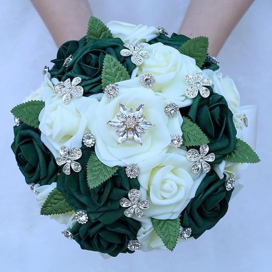 Lightweight Bridal Wedding Bouquet Round Holding Bouquet Throw Toss Artificial Rose Flower Bunch for Bride Bridesmaid Wedding Quinceanera (Cream & Dark Green, 7.9")