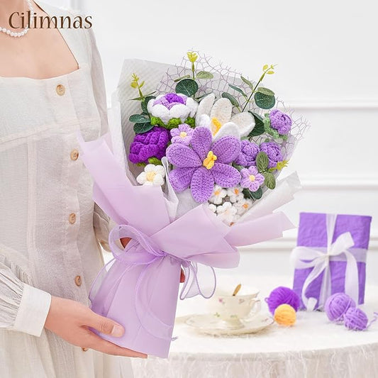 Cilimnas Crochet Flower Bouquet,Purple Knitted Flowers, Handmade Tulips Roses Bouquet for Birthday Party Mother's Day Graduation Gifts
