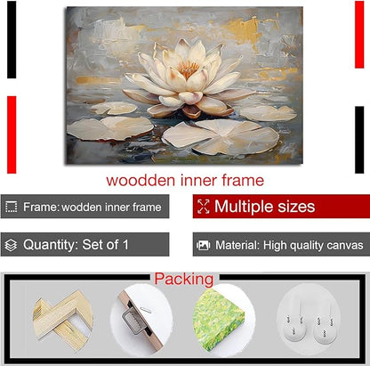 Ethereal white lotus floating on Crystal Waters poster vintage oil painting printwall art soft blush and gold accents serene home and office decor dreamy 16x24in Wood Framed
